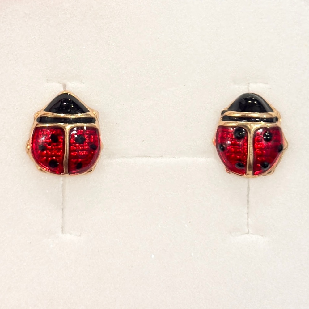 Ladybug Gold Earrings: 14K solid yellow gold red black enamel vintage - Picture 3 of 9
